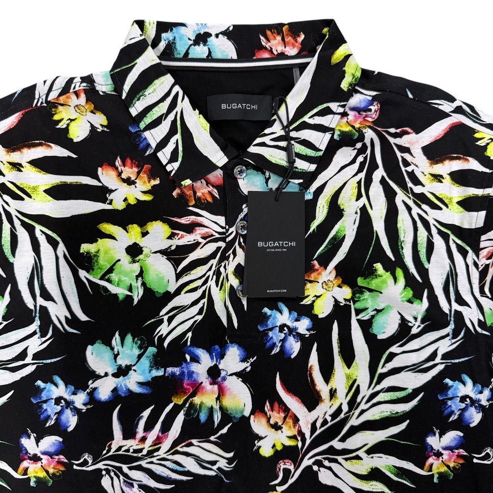 Bugatchi Mens Large Black Tropical Short Sleeve Button Up Camp Shirt NWT